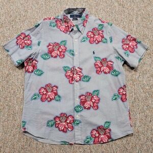 Ralph Lauren Shirt Men Large Floral Seersucker Classic Untucked Fit Short Sleeve